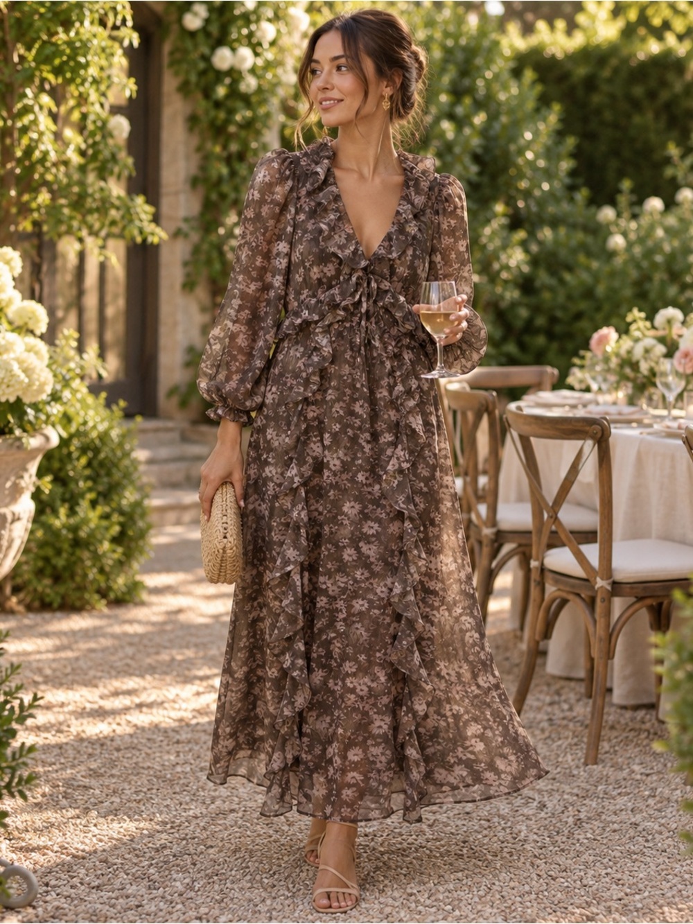 Flowers by Zoe Brown Floral Ruffle Midi Dress